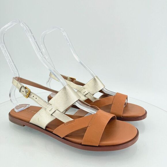Cole Haan Women Leather Slingback Fawn Sandals Brown Gold Flat Size 8.5 B W30285 - Picture 1 of 15